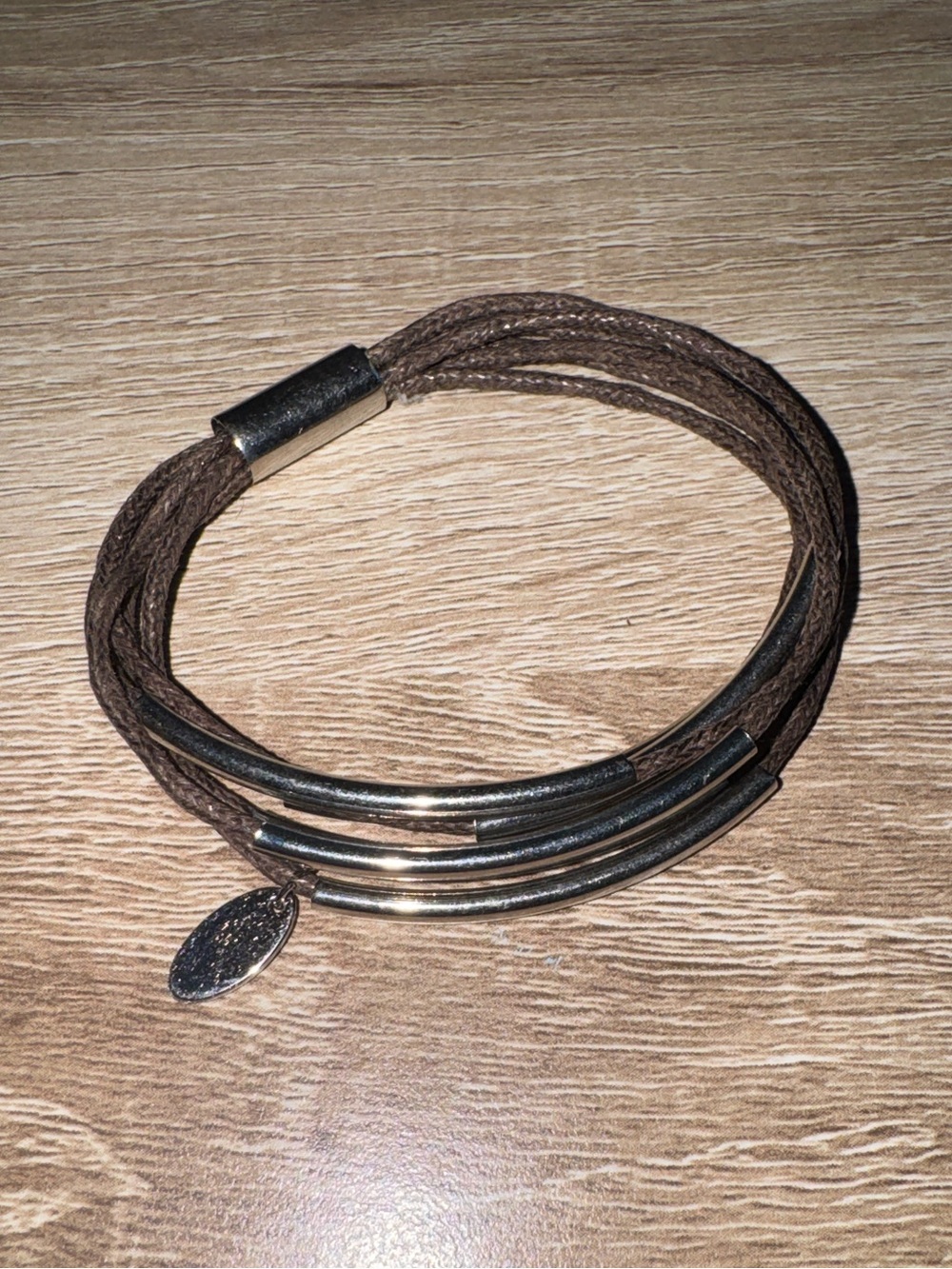 Brown Multi‑Strand Cord Bracelet with Silver